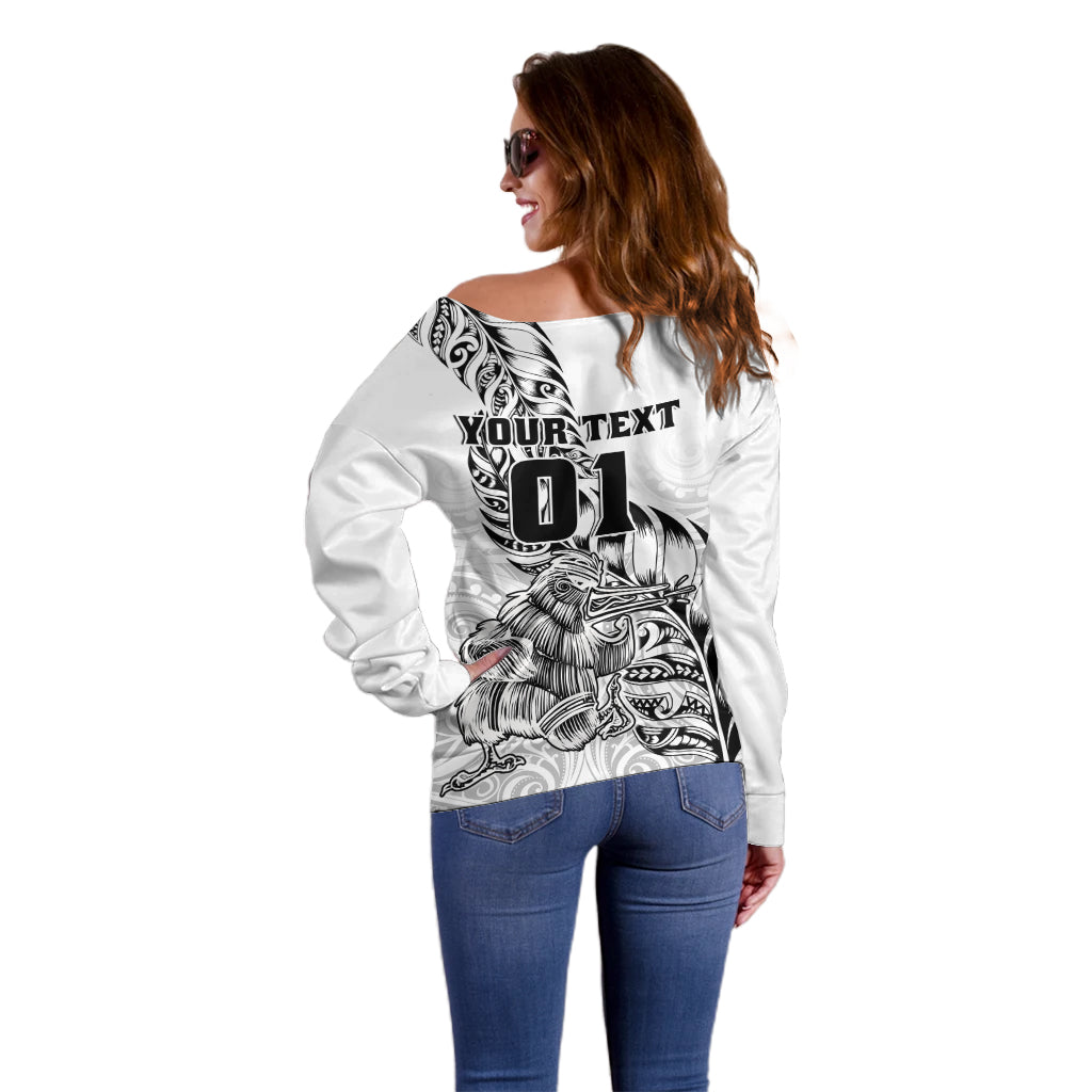 Custom New Zealand Silver Fern Rugby Off Shoulder Sweater Aotearoa Kiwi Maori White Version LT01 - Polynesian Pride