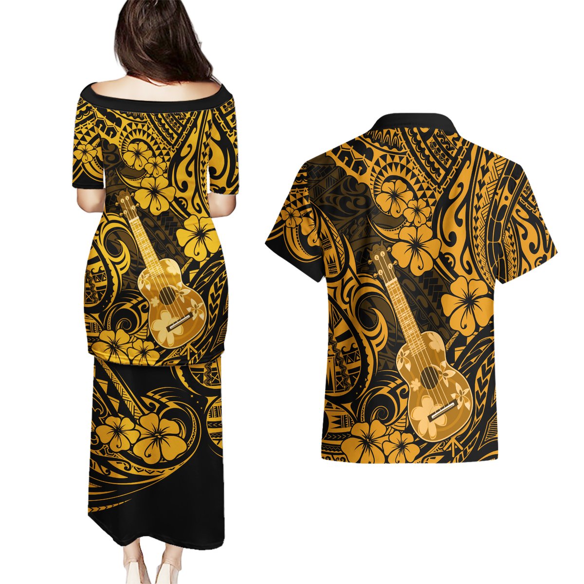 Hawaii Ukulele Couples Matching Puletasi Dress and Hawaiian Shirt Polynesian Pattern Gold Version LT01 - Polynesian Pride