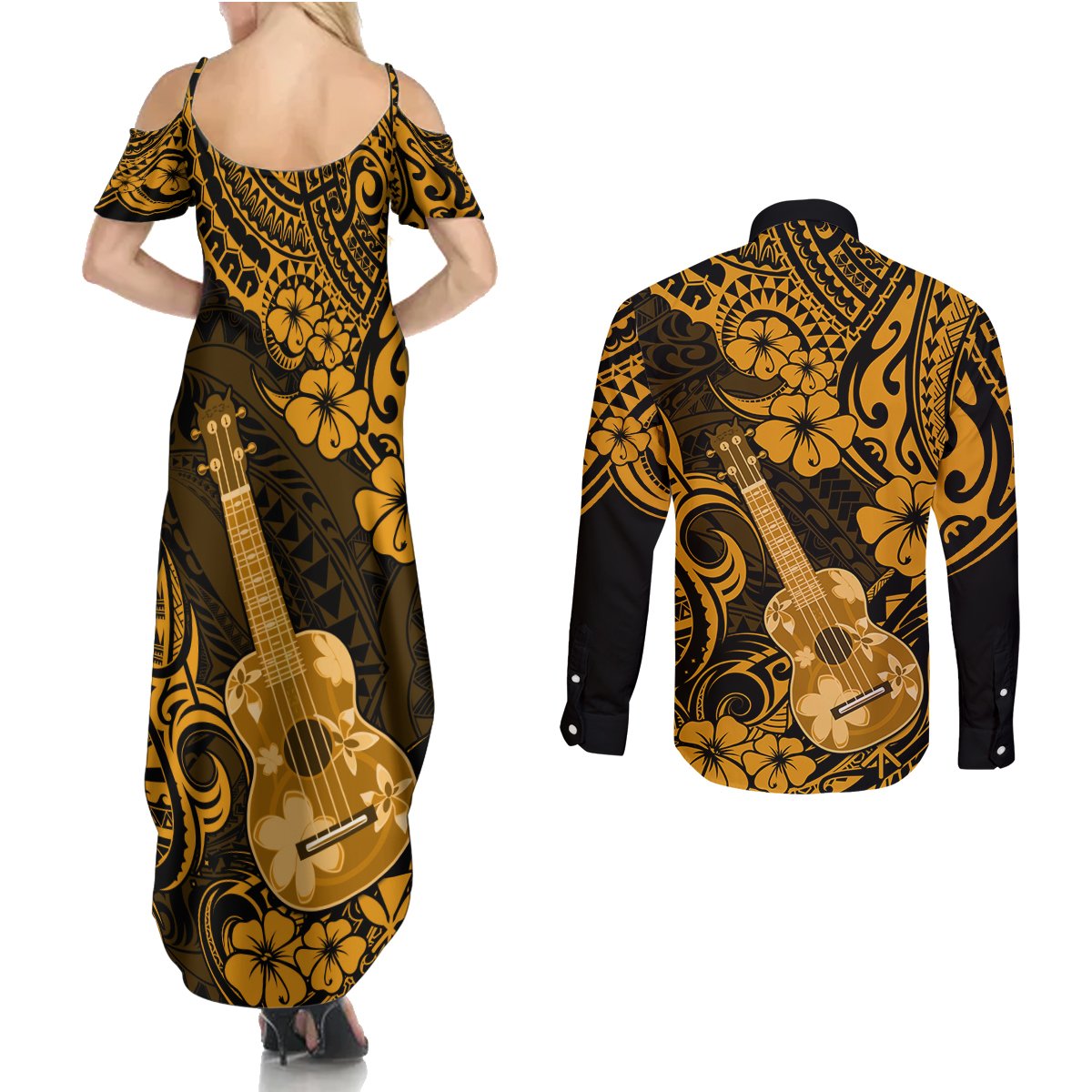 Hawaii Ukulele Couples Matching Summer Maxi Dress and Long Sleeve Button Shirts Polynesian Pattern Gold Version LT01 - Polynesian Pride