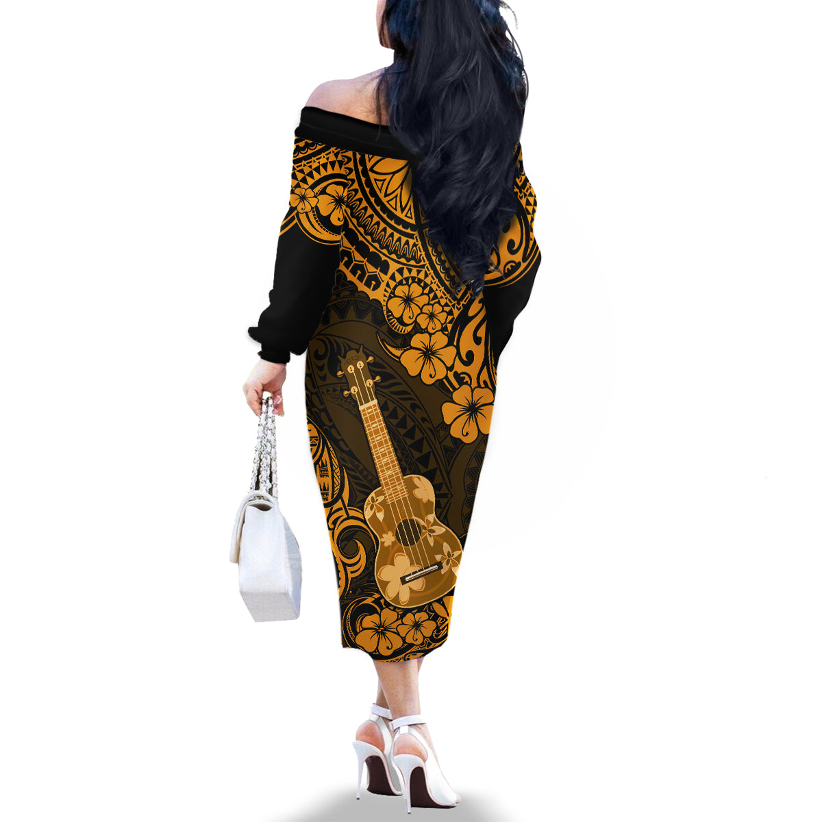 Hawaii Ukulele Family Matching Off Shoulder Long Sleeve Dress and Hawaiian Shirt Polynesian Pattern Gold Version LT01 - Polynesian Pride