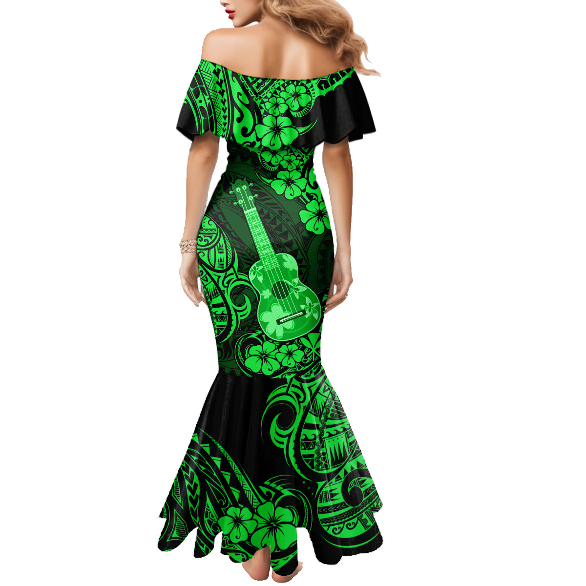Hawaii Ukulele Family Matching Mermaid Dress and Hawaiian Shirt Polynesian Pattern Green Version LT01 - Polynesian Pride