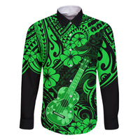 Hawaii Ukulele Family Matching Off Shoulder Maxi Dress and Hawaiian Shirt Polynesian Pattern Green Version LT01 Dad's Shirt - Long Sleeve Green - Polynesian Pride