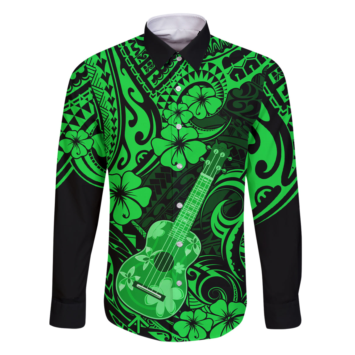 Hawaii Ukulele Family Matching Summer Maxi Dress and Hawaiian Shirt Polynesian Pattern Green Version LT01 Dad's Shirt - Long Sleeve Green - Polynesian Pride