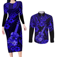 Hawaii Ukulele Couples Matching Long Sleeve Bodycon Dress and Long Sleeve Button Shirts Polynesian Pattern Navy Blue Version LT01 Blue - Polynesian Pride