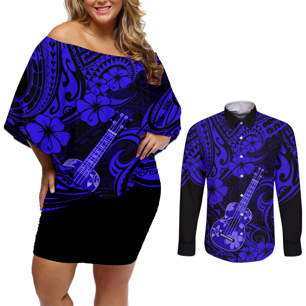 Hawaii Ukulele Couples Matching Off Shoulder Short Dress and Long Sleeve Button Shirts Polynesian Pattern Navy Blue Version LT01 Blue - Polynesian Pride