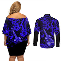 Hawaii Ukulele Couples Matching Off Shoulder Short Dress and Long Sleeve Button Shirts Polynesian Pattern Navy Blue Version LT01 - Polynesian Pride