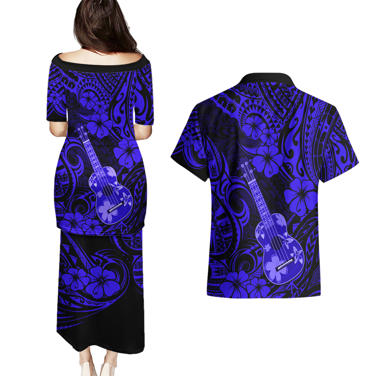 Hawaii Ukulele Couples Matching Puletasi Dress and Hawaiian Shirt Polynesian Pattern Navy Blue Version LT01 - Polynesian Pride