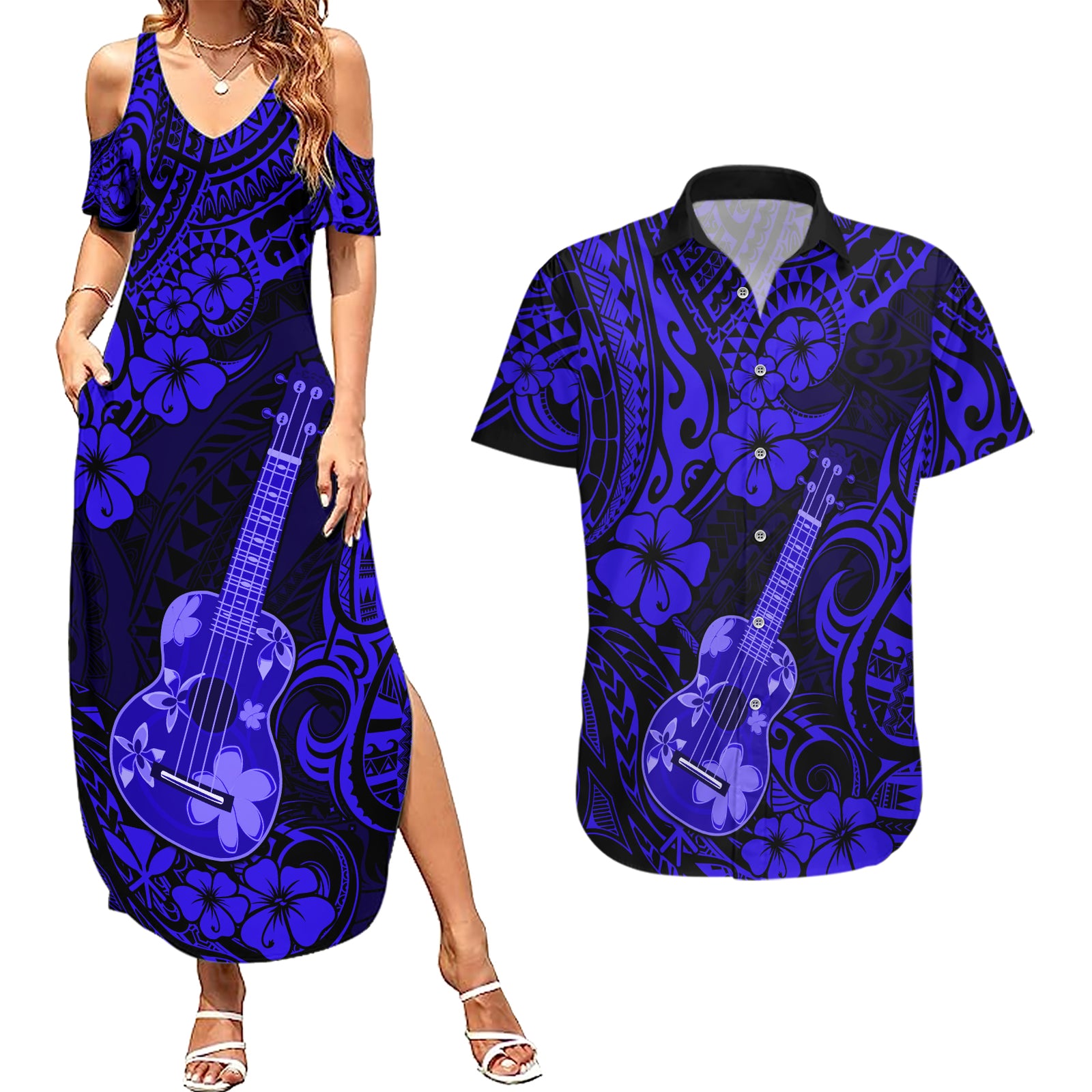 Hawaii Ukulele Couples Matching Summer Maxi Dress and Hawaiian Shirt Polynesian Pattern Navy Blue Version LT01 Blue - Polynesian Pride