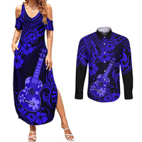 Hawaii Ukulele Couples Matching Summer Maxi Dress and Long Sleeve Button Shirts Polynesian Pattern Navy Blue Version LT01 Blue - Polynesian Pride
