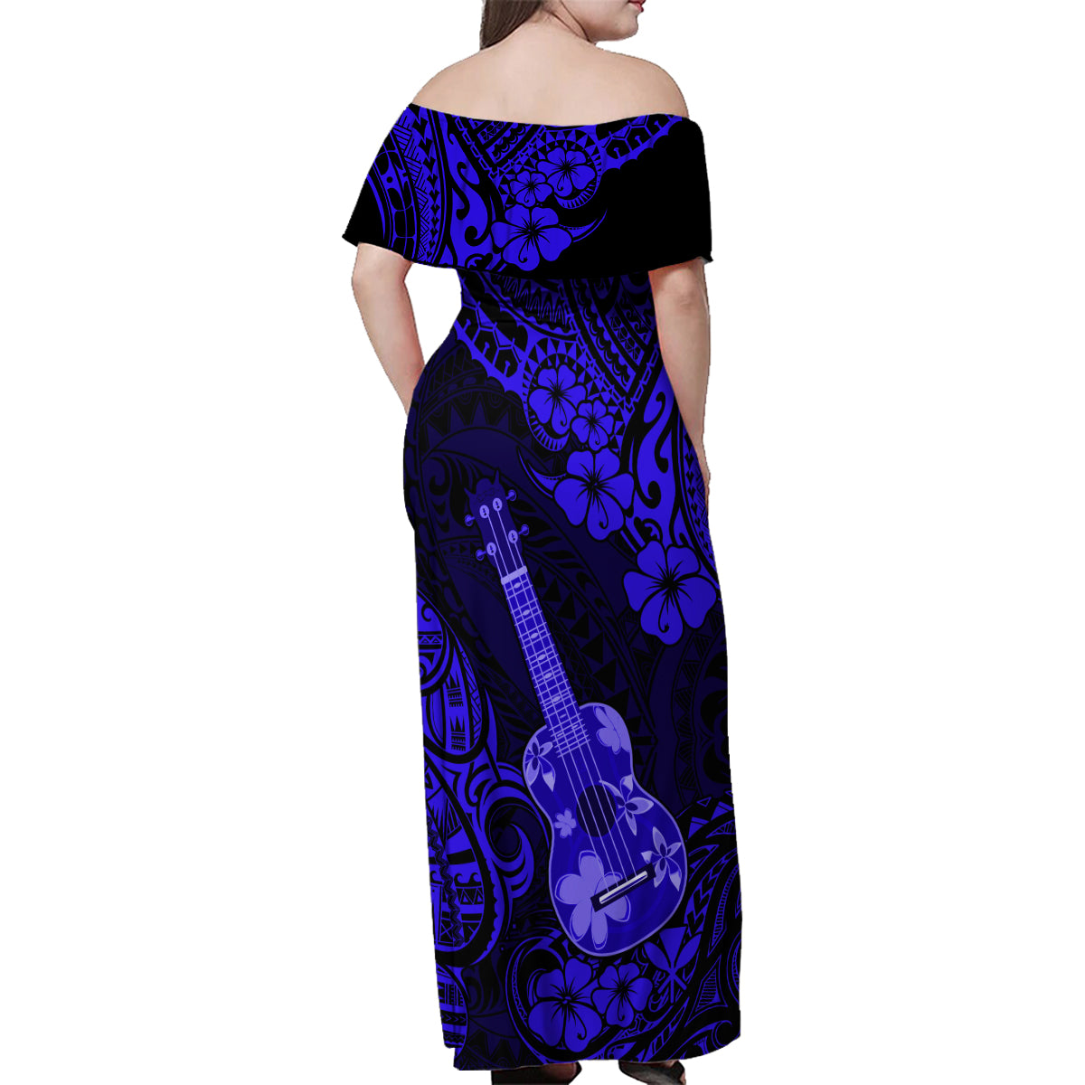 Hawaii Ukulele Family Matching Off Shoulder Maxi Dress and Hawaiian Shirt Polynesian Pattern Navy Blue Version LT01 - Polynesian Pride