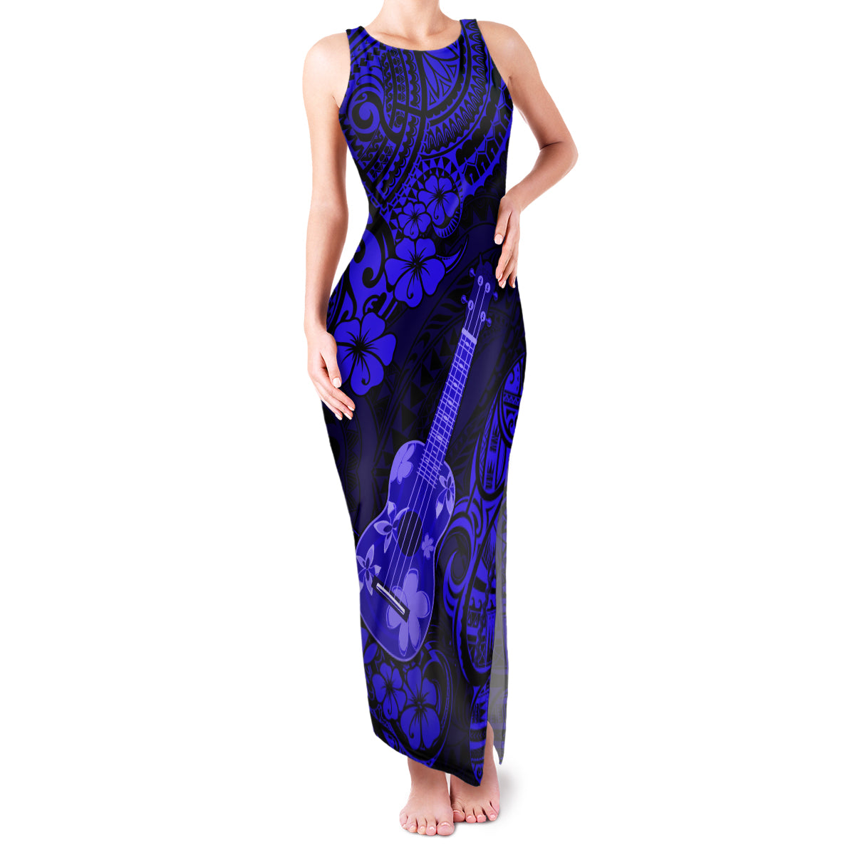 Hawaii Ukulele Family Matching Tank Maxi Dress and Hawaiian Shirt Polynesian Pattern Navy Blue Version LT01 Mom's Dress Blue - Polynesian Pride