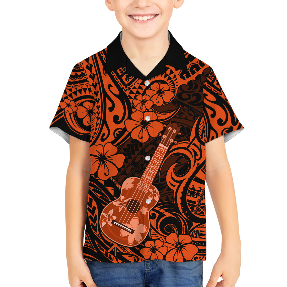 Hawaii Ukulele Family Matching Summer Maxi Dress and Hawaiian Shirt Polynesian Pattern Orange Version LT01 Son's Shirt Orange - Polynesian Pride