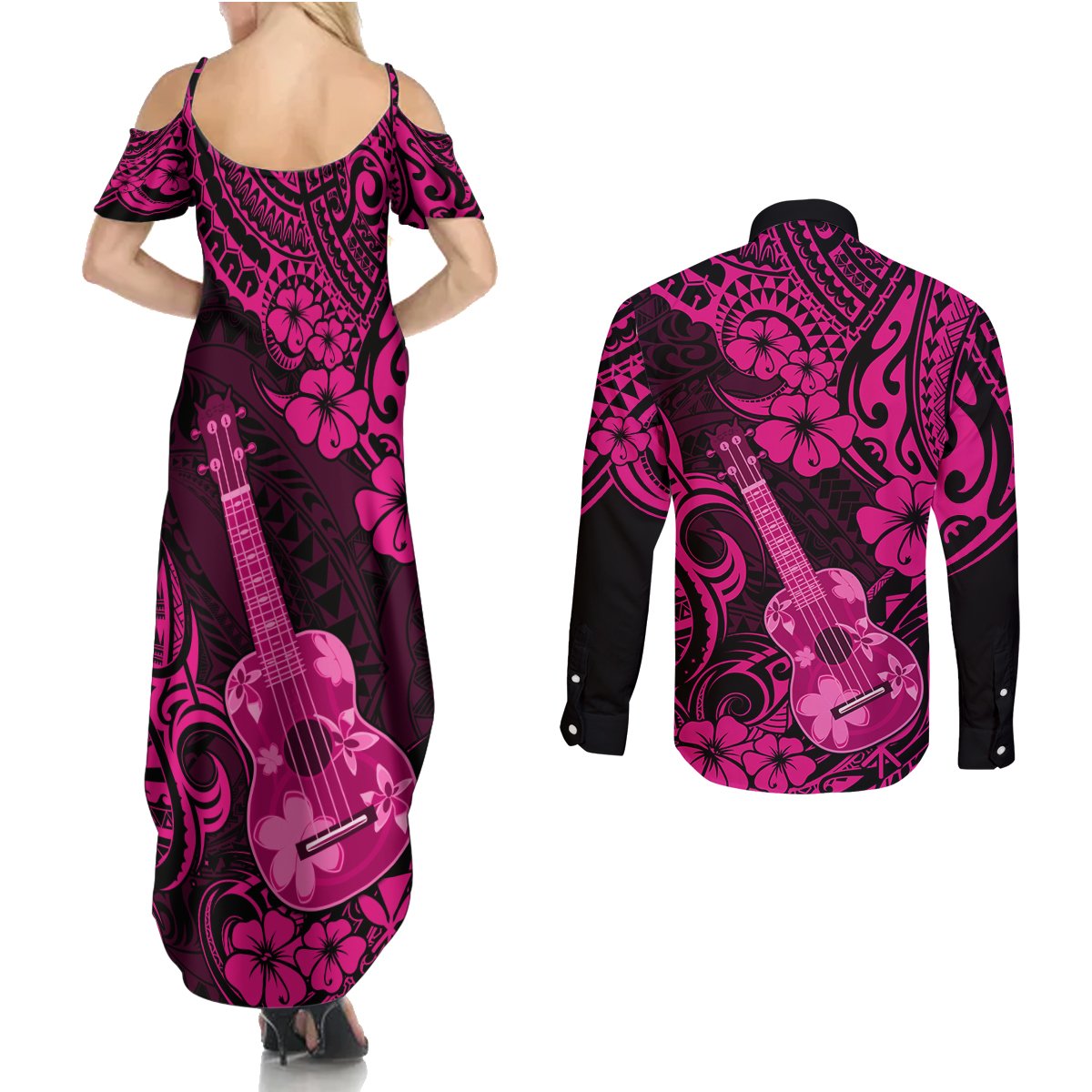 Hawaii Ukulele Couples Matching Summer Maxi Dress and Long Sleeve Button Shirts Polynesian Pattern Pink Version LT01 - Polynesian Pride