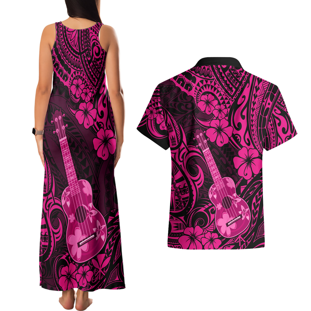 Hawaii Ukulele Couples Matching Tank Maxi Dress and Hawaiian Shirt Polynesian Pattern Pink Version LT01 - Polynesian Pride