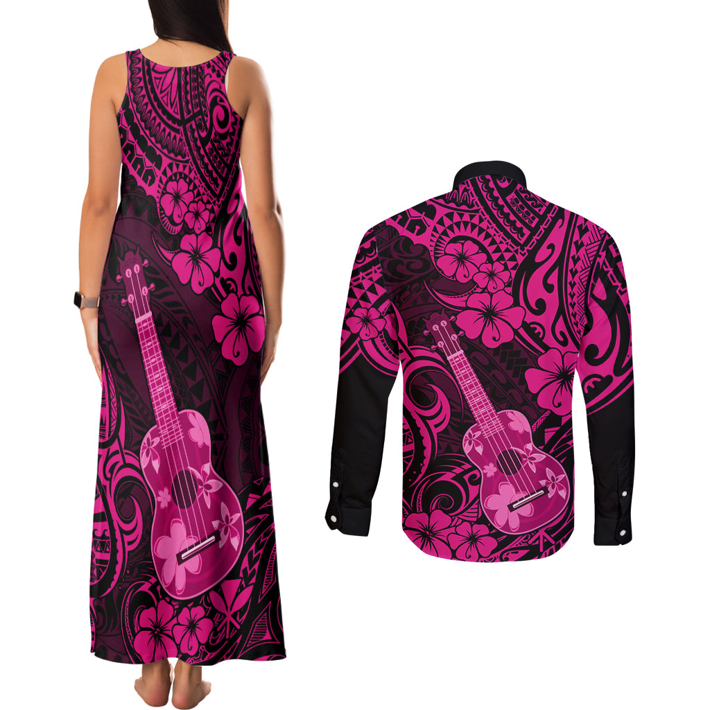 Hawaii Ukulele Couples Matching Tank Maxi Dress and Long Sleeve Button Shirts Polynesian Pattern Pink Version LT01 - Polynesian Pride
