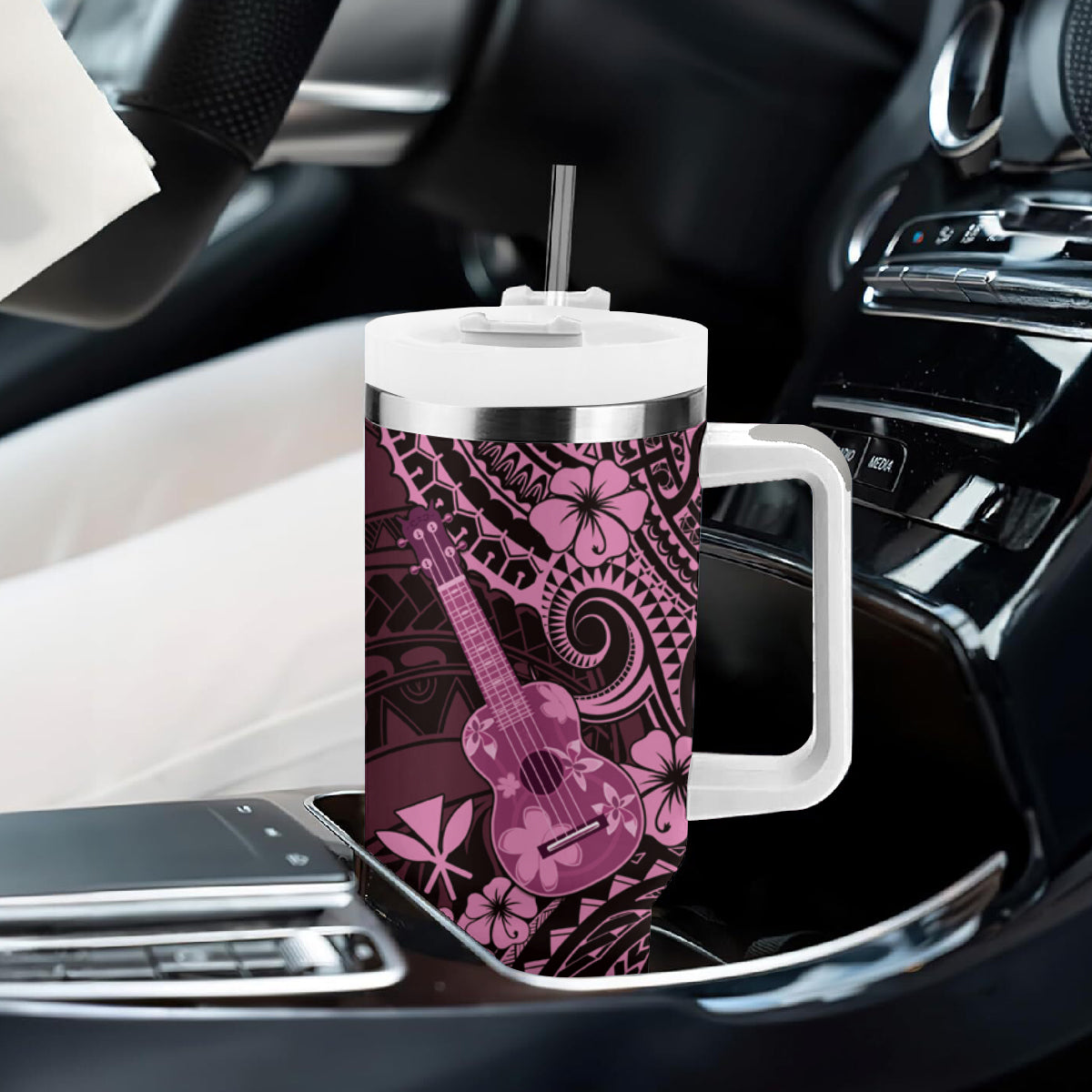 Hawaii Ukulele Tumbler With Handle Polynesian Pattern Pink Version