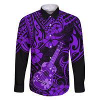 Hawaii Ukulele Family Matching Long Sleeve Bodycon Dress and Hawaiian Shirt Polynesian Pattern Purple Version LT01 Dad's Shirt - Long Sleeve Purple - Polynesian Pride