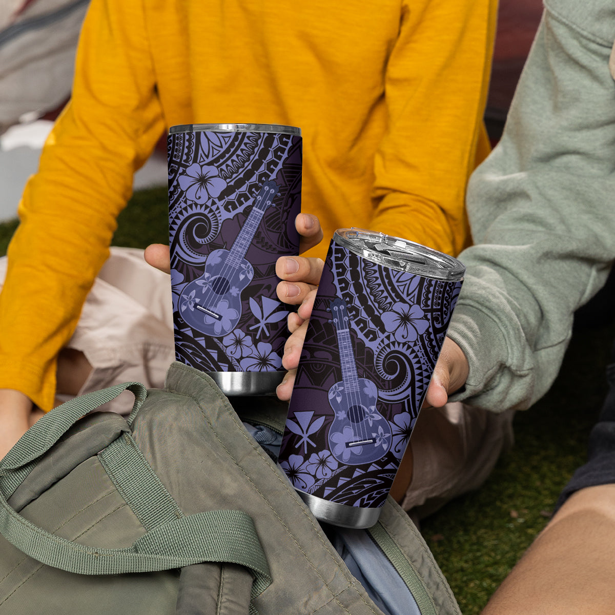 Hawaii Ukulele Tumbler Cup Polynesian Pattern Purple Version