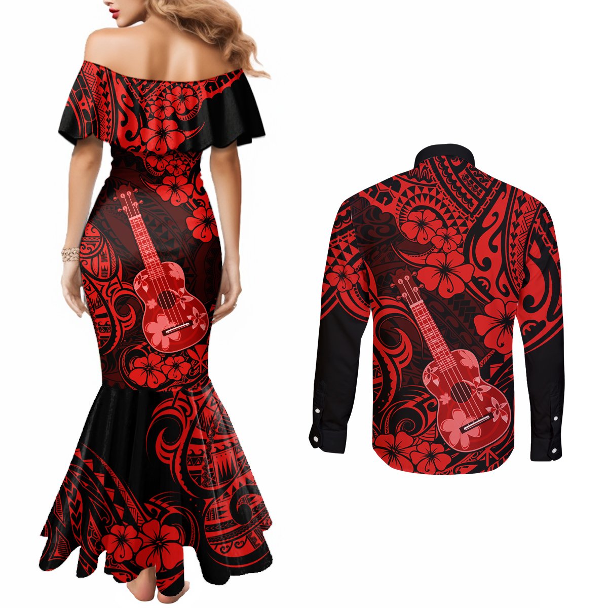 Hawaii Ukulele Couples Matching Mermaid Dress and Long Sleeve Button Shirts Polynesian Pattern Red Version LT01 - Polynesian Pride