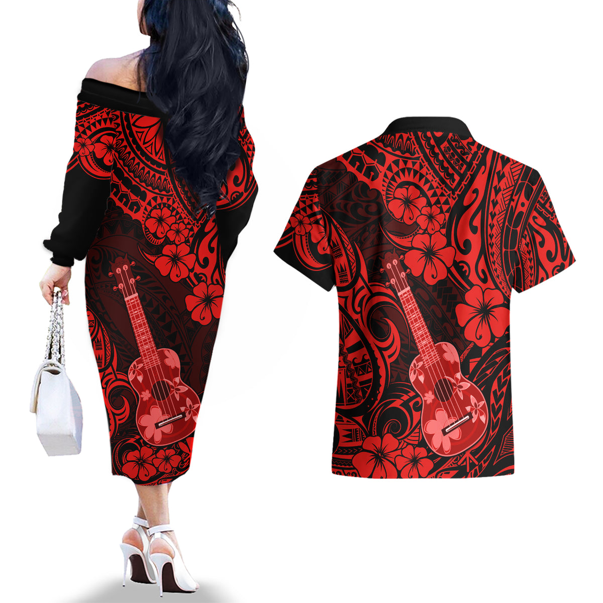 Hawaii Ukulele Couples Matching Off The Shoulder Long Sleeve Dress and Hawaiian Shirt Polynesian Pattern Red Version LT01 - Polynesian Pride