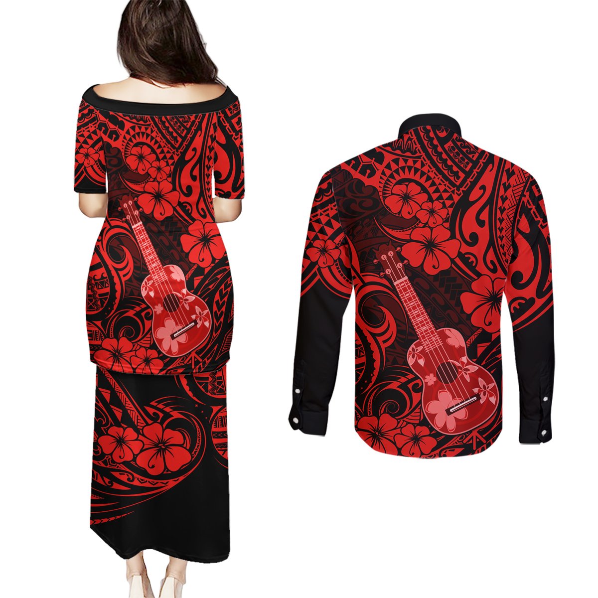 Hawaii Ukulele Couples Matching Puletasi Dress and Long Sleeve Button Shirts Polynesian Pattern Red Version LT01 - Polynesian Pride