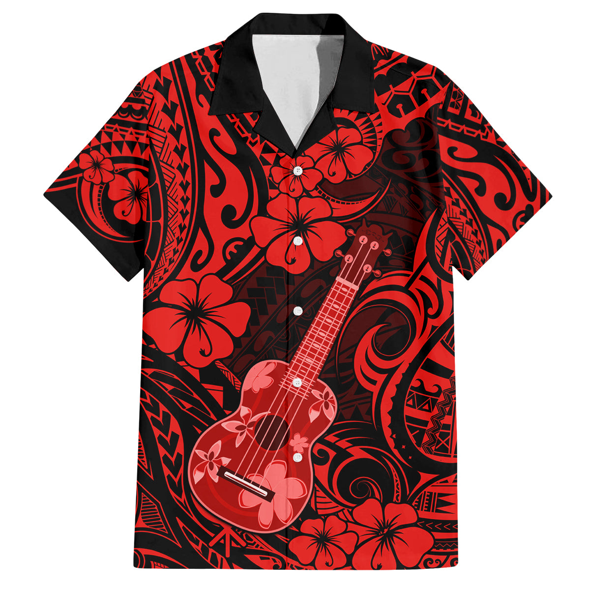 Hawaii Ukulele Family Matching Off Shoulder Maxi Dress and Hawaiian Shirt Polynesian Pattern Red Version LT01 Dad's Shirt - Short Sleeve Red - Polynesian Pride