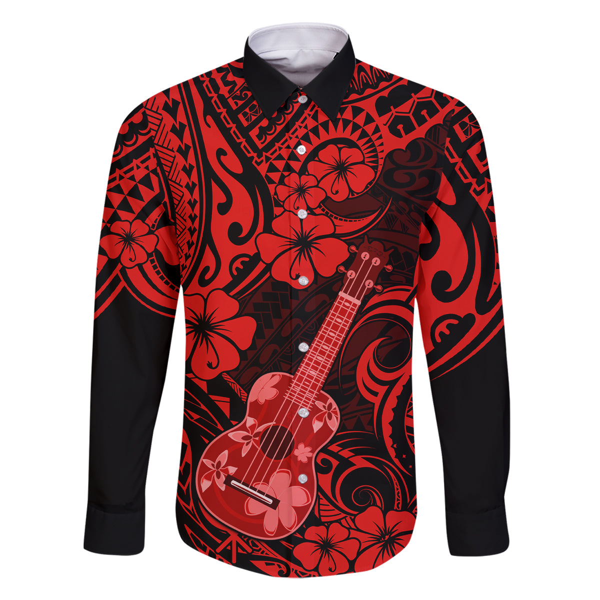 Hawaii Ukulele Family Matching Off Shoulder Maxi Dress and Hawaiian Shirt Polynesian Pattern Red Version LT01 Dad's Shirt - Long Sleeve Red - Polynesian Pride