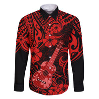 Hawaii Ukulele Family Matching Off Shoulder Maxi Dress and Hawaiian Shirt Polynesian Pattern Red Version LT01 Dad's Shirt - Long Sleeve Red - Polynesian Pride
