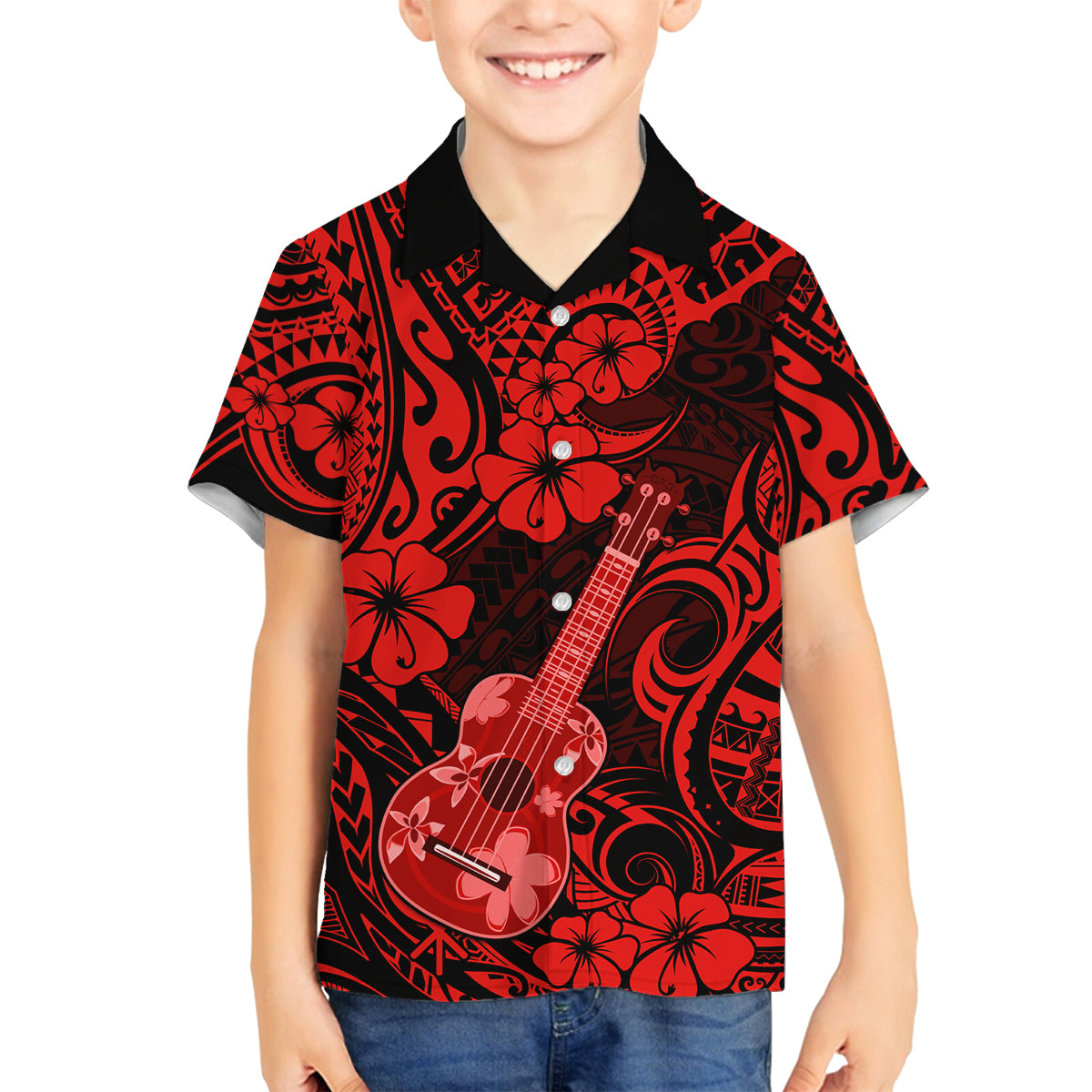Hawaii Ukulele Family Matching Summer Maxi Dress and Hawaiian Shirt Polynesian Pattern Red Version LT01 Son's Shirt Red - Polynesian Pride