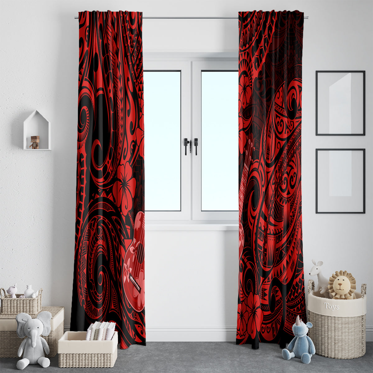 Hawaii Ukulele Window Curtain Polynesian Pattern Red Version LT01 - Polynesian Pride