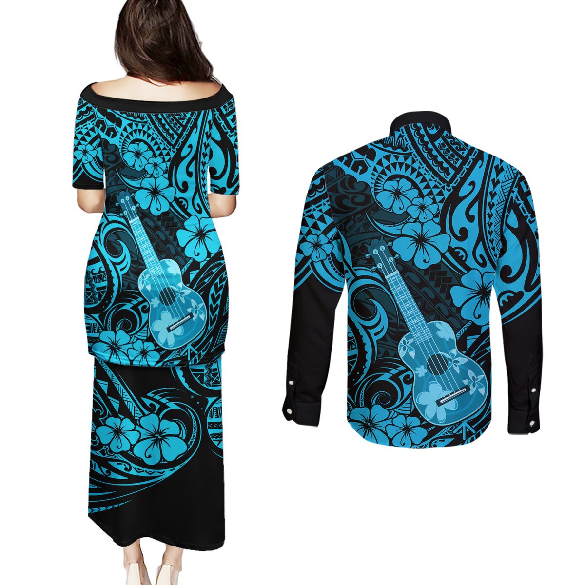 Hawaii Ukulele Couples Matching Puletasi Dress and Long Sleeve Button Shirts Polynesian Pattern Sky Blue Version LT01 - Polynesian Pride