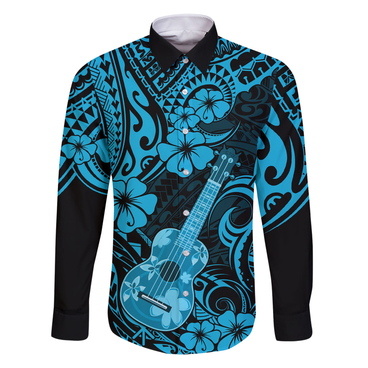 Hawaii Ukulele Family Matching Mermaid Dress and Hawaiian Shirt Polynesian Pattern Sky Blue Version LT01 Dad's Shirt - Long Sleeve Blue - Polynesian Pride