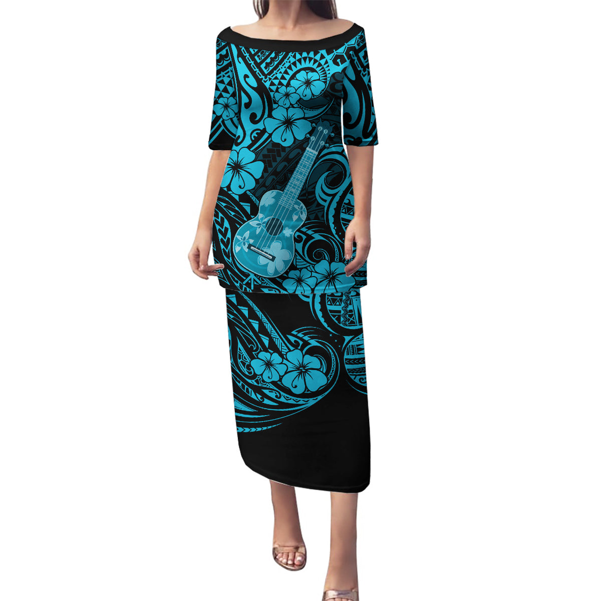 Hawaii Ukulele Family Matching Puletasi Dress and Hawaiian Shirt Polynesian Pattern Sky Blue Version LT01 Mom's Dress Blue - Polynesian Pride