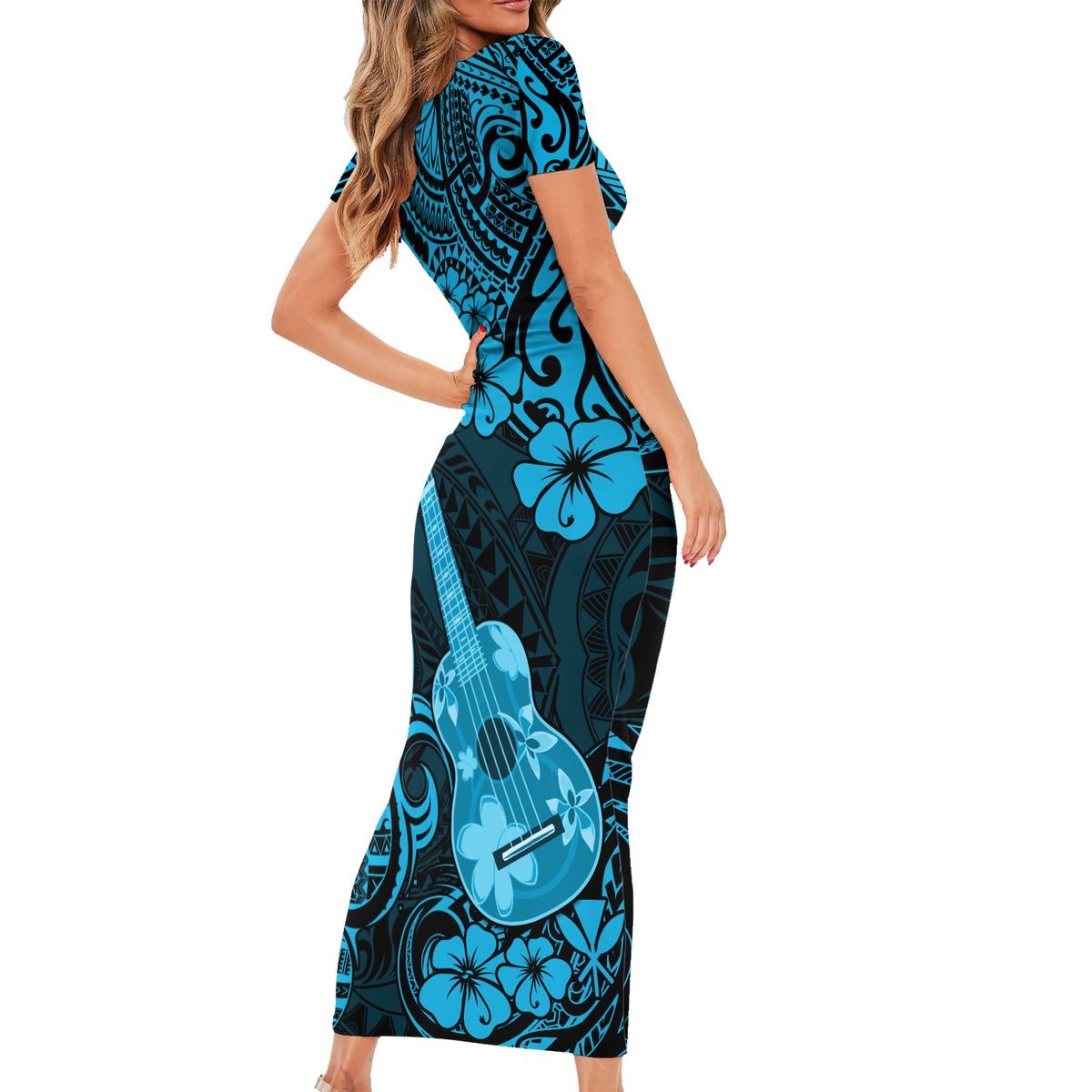 Hawaii Ukulele Family Matching Short Sleeve Bodycon Dress and Hawaiian Shirt Polynesian Pattern Sky Blue Version LT01 - Polynesian Pride
