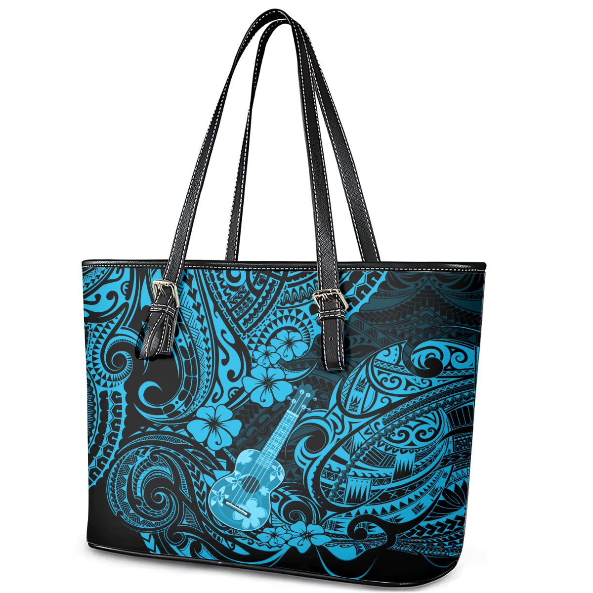 Hawaii Ukulele Leather Tote Bag Polynesian Pattern Sky Blue Version LT01 - Polynesian Pride