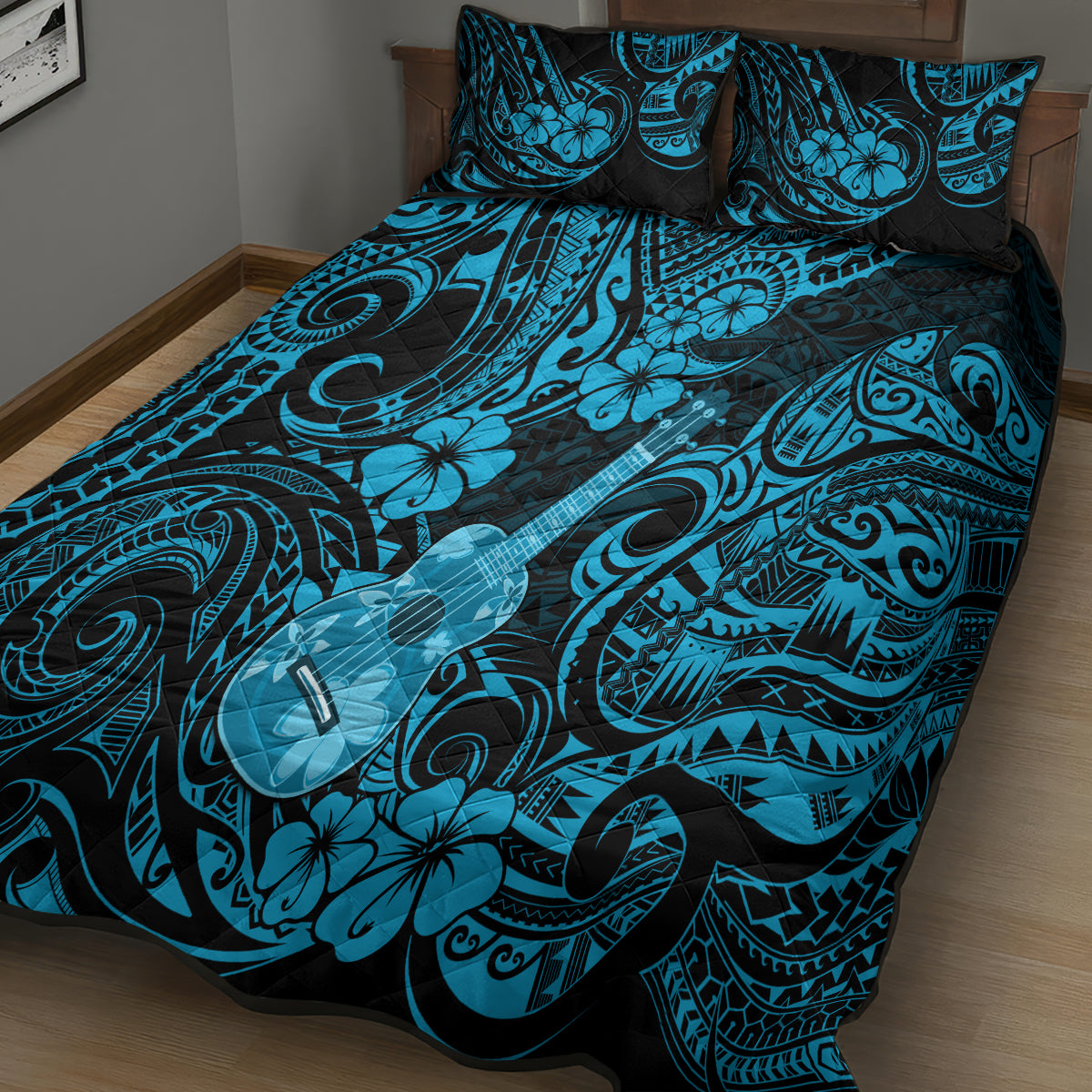 Hawaii Ukulele Quilt Bed Set Polynesian Pattern Sky Blue Version LT01 - Polynesian Pride