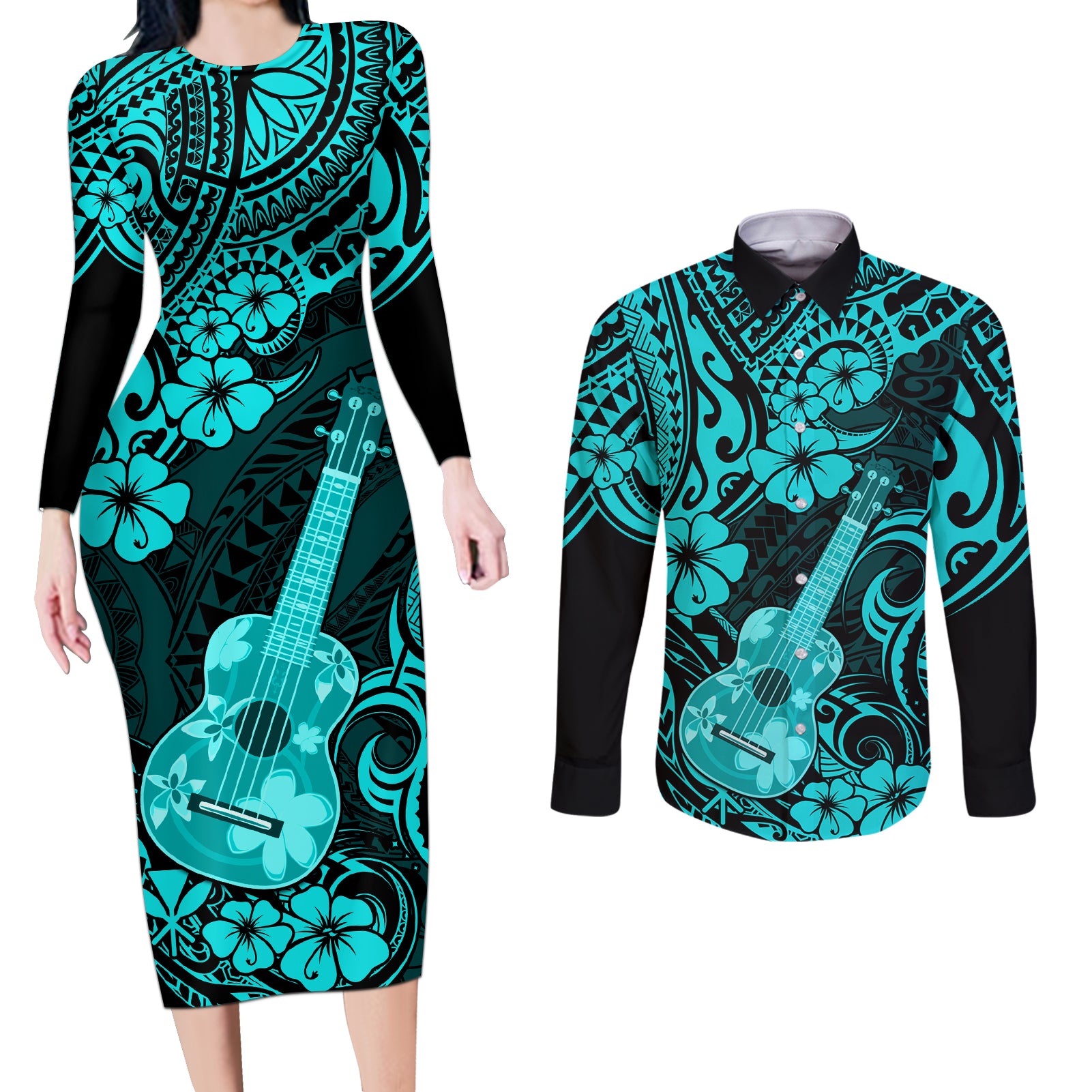 Hawaii Ukulele Couples Matching Long Sleeve Bodycon Dress and Long Sleeve Button Shirts Polynesian Pattern Turquoise Version LT01 Turquoise - Polynesian Pride