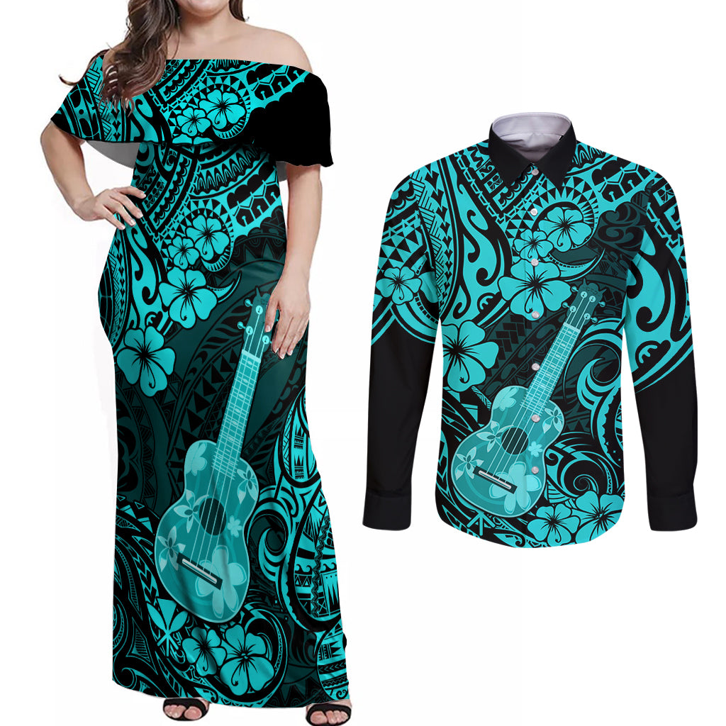 Hawaii Ukulele Couples Matching Off Shoulder Maxi Dress and Long Sleeve Button Shirts Polynesian Pattern Turquoise Version LT01 Turquoise - Polynesian Pride