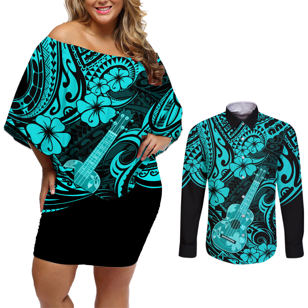 Hawaii Ukulele Couples Matching Off Shoulder Short Dress and Long Sleeve Button Shirts Polynesian Pattern Turquoise Version LT01 Turquoise - Polynesian Pride