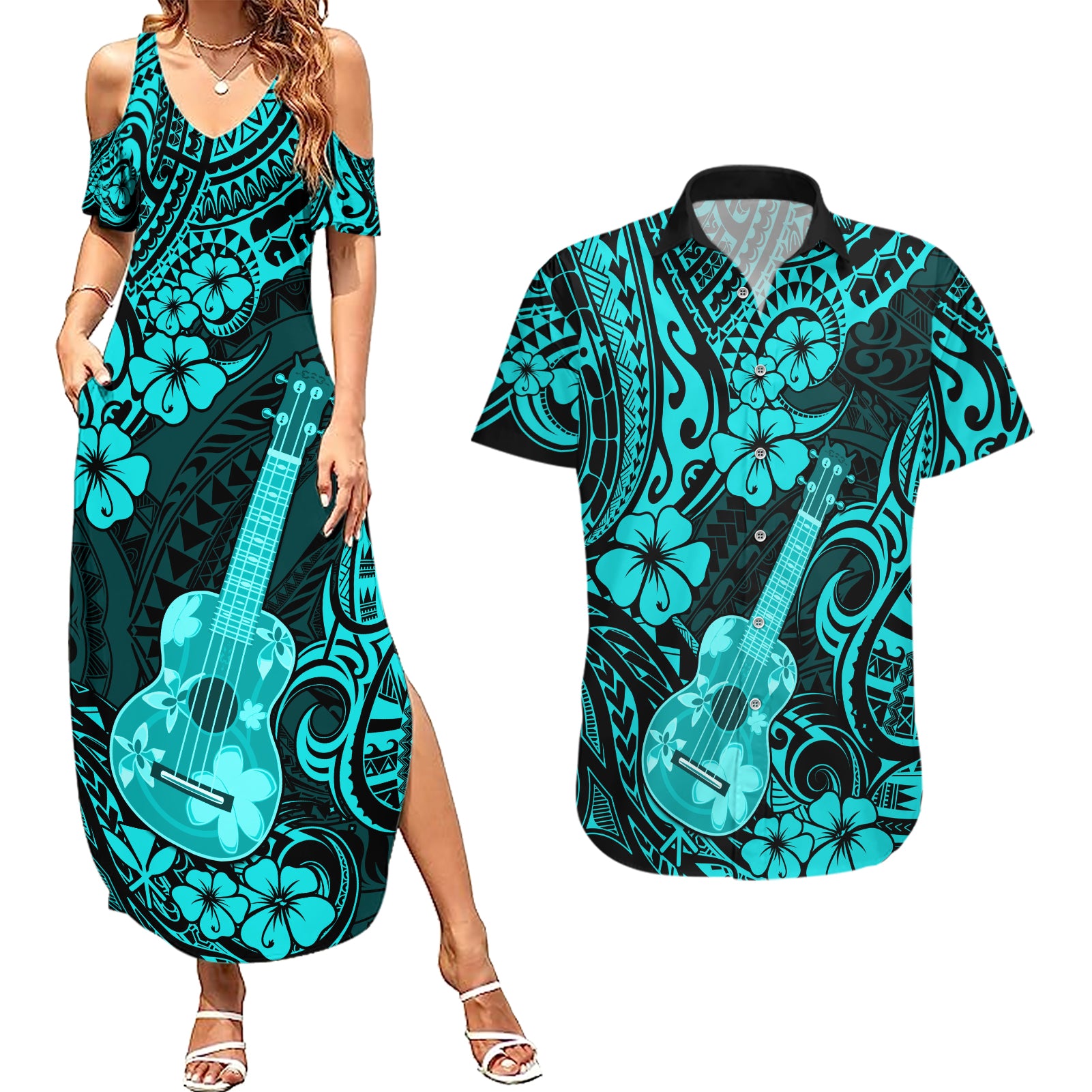 Hawaii Ukulele Couples Matching Summer Maxi Dress and Hawaiian Shirt Polynesian Pattern Turquoise Version LT01 Turquoise - Polynesian Pride