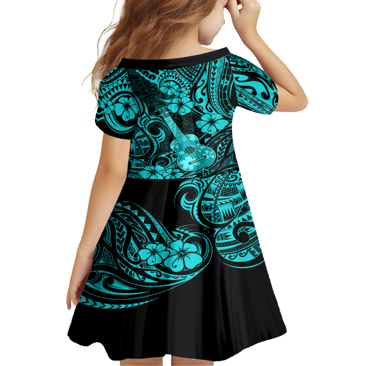 Hawaii Ukulele Family Matching Long Sleeve Bodycon Dress and Hawaiian Shirt Polynesian Pattern Turquoise Version LT01 - Polynesian Pride