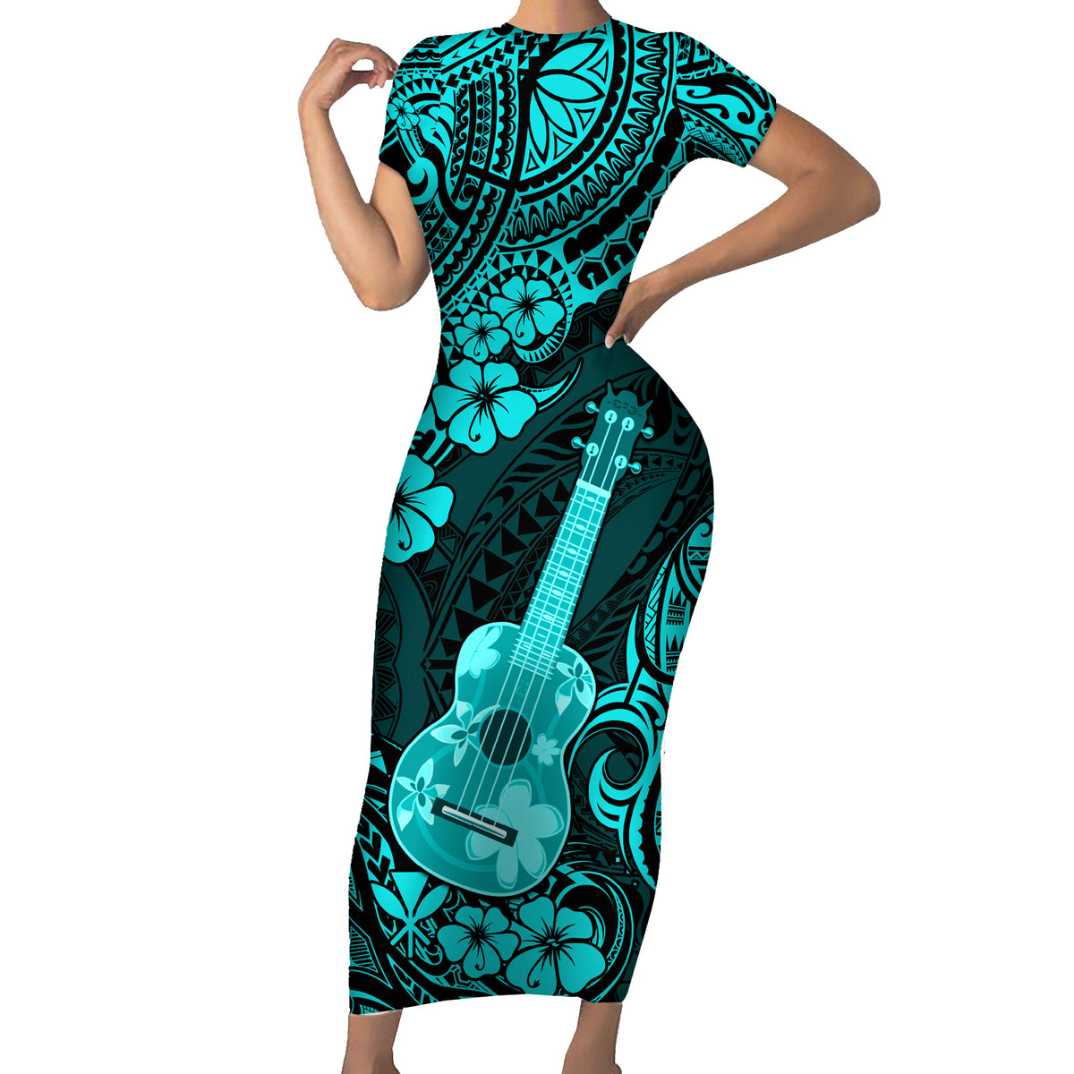 Hawaii Ukulele Family Matching Short Sleeve Bodycon Dress and Hawaiian Shirt Polynesian Pattern Turquoise Version LT01 Mom's Dress Turquoise - Polynesian Pride