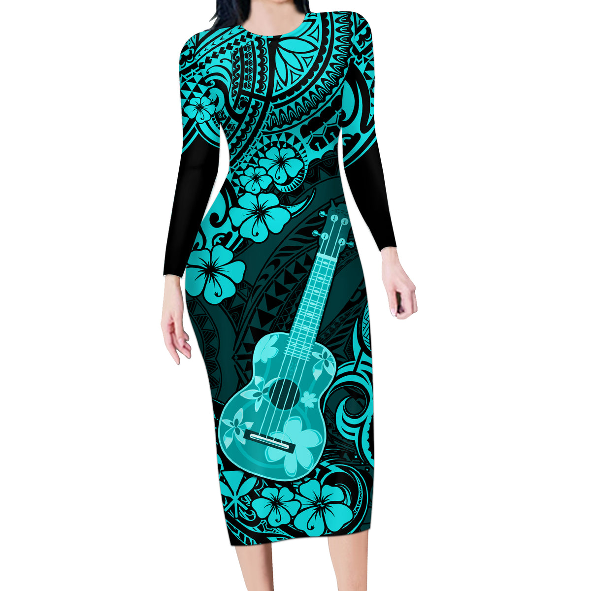 Hawaii Ukulele Long Sleeve Bodycon Dress Polynesian Pattern Turquoise Version LT01 Long Dress Turquoise - Polynesian Pride