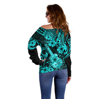 Hawaii Ukulele Off Shoulder Sweater Polynesian Pattern Turquoise Version LT01 - Polynesian Pride