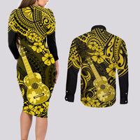 Hawaii Ukulele Couples Matching Long Sleeve Bodycon Dress and Long Sleeve Button Shirts Polynesian Pattern Yellow Version LT01 - Polynesian Pride