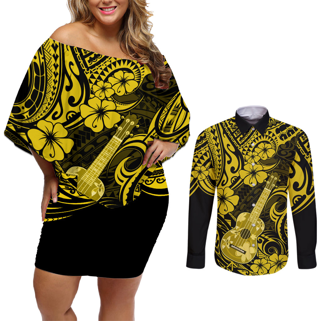 Hawaii Ukulele Couples Matching Off Shoulder Short Dress and Long Sleeve Button Shirts Polynesian Pattern Yellow Version LT01 Yellow - Polynesian Pride