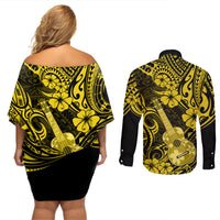 Hawaii Ukulele Couples Matching Off Shoulder Short Dress and Long Sleeve Button Shirts Polynesian Pattern Yellow Version LT01 - Polynesian Pride
