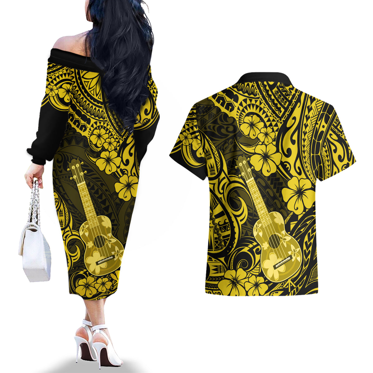 Hawaii Ukulele Couples Matching Off The Shoulder Long Sleeve Dress and Hawaiian Shirt Polynesian Pattern Yellow Version LT01 - Polynesian Pride