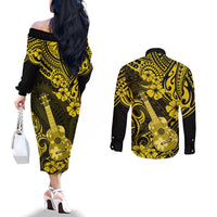 Hawaii Ukulele Couples Matching Off The Shoulder Long Sleeve Dress and Long Sleeve Button Shirts Polynesian Pattern Yellow Version LT01 - Polynesian Pride