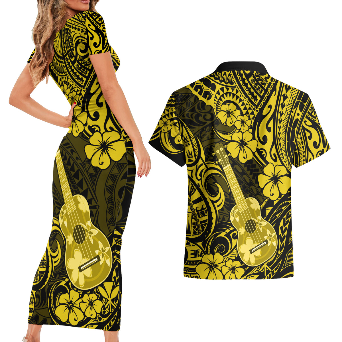 Hawaii Ukulele Couples Matching Short Sleeve Bodycon Dress and Hawaiian Shirt Polynesian Pattern Yellow Version LT01 - Polynesian Pride